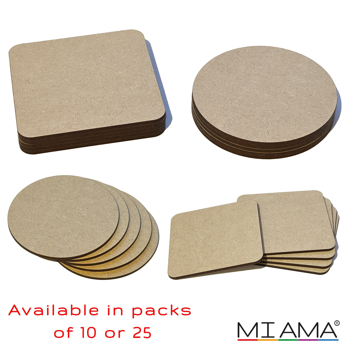 MIAMA 10/25pk Wooden 3mm MDF Plain Coaster 10cm Craft Blanks Square Circle Shape