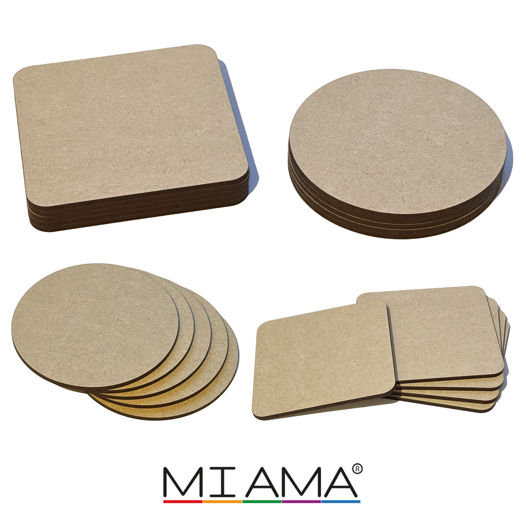 MIAMA 10/25pk Wooden 3mm MDF Plain Coaster 10cm Craft Blanks Square Circle Shape
